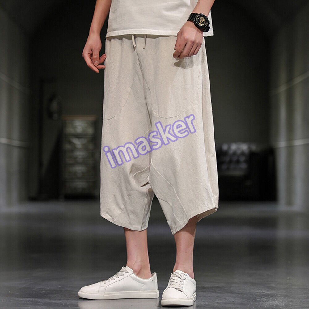 Men's Cotton Linen Harem Pants Elastic Waist Casual Shorts