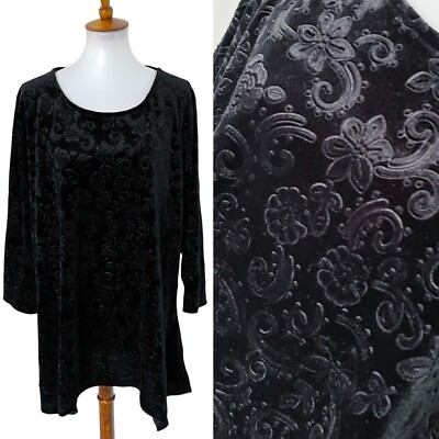 Ruby Rd. Women's Size 2X Black Embossed Spandex Stretch Velvet Top Blouse Shirt