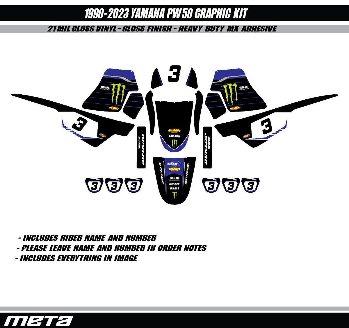 1990-2024 YAMAHA PW50 FACTORY GRAPHIC KIT with RIDER NUMBER