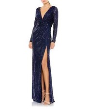 IEENA MAC DUGGAL Sequined Long Sleeve Plunge V-Neck Gown Midnight Blue Sz 8