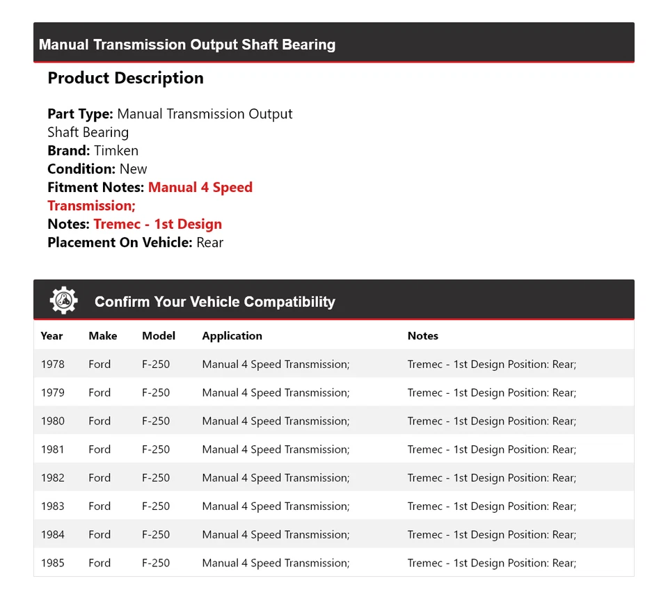 Cojinete de eje de salida de transmisión manual Timken trasero para Ford F-250 1978-1985 Foto 2 de 4