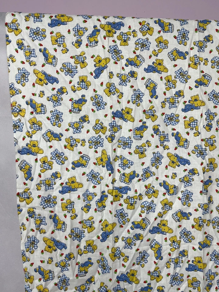 Vintage 70s 80s Fabric Teddy Bears Blue Yellow Gingham  2 Yards Material BN9 - Image 2 of 4