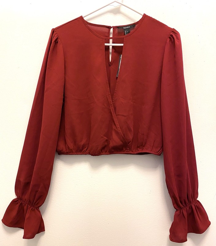 NWT Forever 21_Wrap Top Ruffle Sleeve_ Dark Red_new V front party holiday_Large