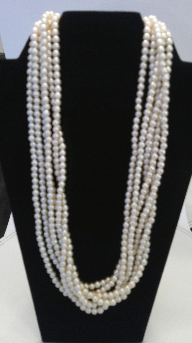 Multi-strand (5) Bright White Faux Pearl Necklace with Gold