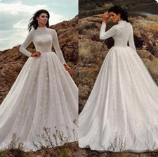 Stylish Ball Gown Wedding Dresses Long Sleeves High Neck 3D Lace Appliques