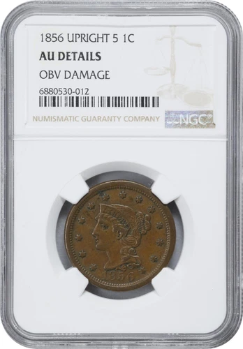 1856 Upright 5 Braided Hair Large Cent 1c NGC AU Details