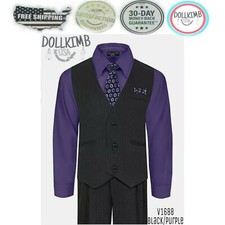 Boys Suit Vest Pants Set Purple Shirt Tie Pinstripe. traje con camisa morada