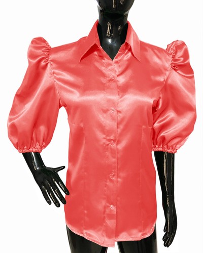 Women Satin Puff 3/4 Short Sleeve Blouse Button Down Shirt Casual Work Wear Top - Picture 27 of 37