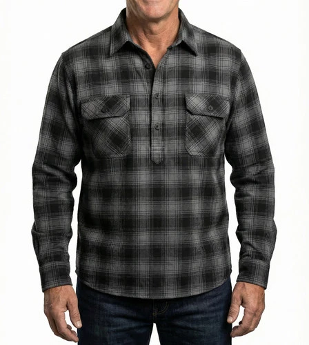 Mens Flannelette Long Sleeve Pullover Shirt 100% Cotton Flannel - Half Placket -