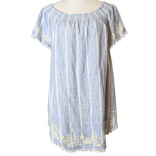 Beachy Nautical Smocked Neck Embroidered Linen Blend Lined Dress 