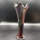 Vintage Fenton Ribbed Cobalt Blue Iridescent Carnival Glass Swung 9 ” Vase