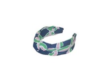 Handmade Retro Preppy Top Knot Knit Headband Navy Pink Green Ribbons Scrolls