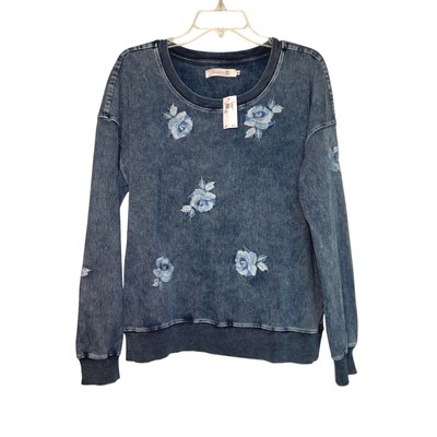 Billy T Denim Rose Sweatshirt Women's XL Floral Girly Lounge Whimsy Dopamine