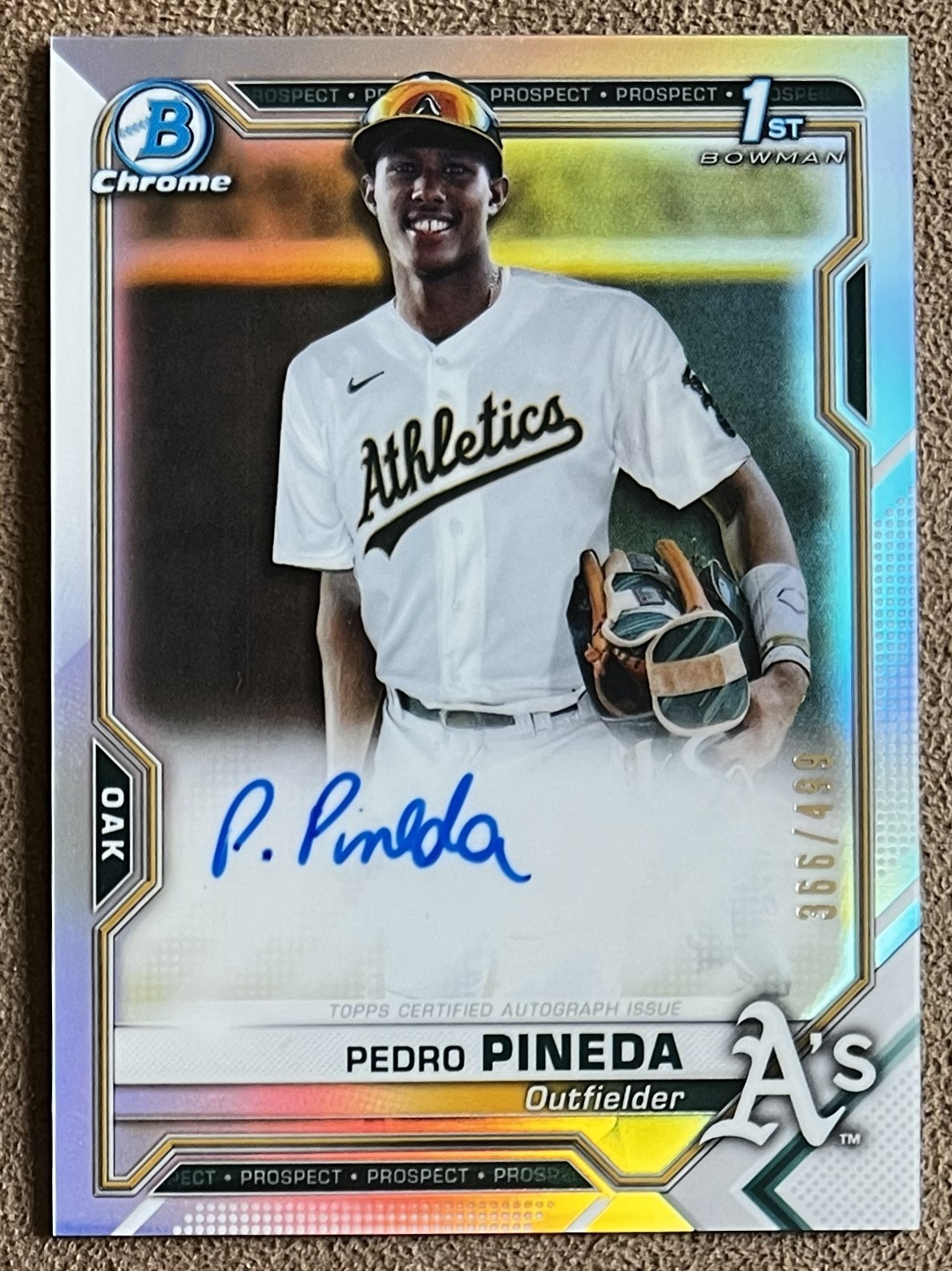 2021 Bowman Chrome Refractor Autograph /499 Pedro Pineda #CPA-PP Athletics RC