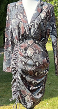 Pretty Little Thing Bodycon Dress Animal Print Snake Size 12 Grey Brown Ruched