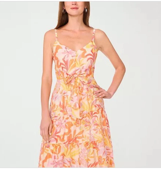 Maxi Vestido Msk Para Mujer Estampado-Chifón Cintura Atada en Niveles - Melocotón/Multi Nuevo con Etiquetas Foto 2 de 2