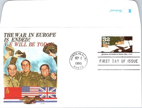 S07-7554, WWII 50TH ANNIV., GERMANY SURRENDERS, FLEETWOO FIRST DAY COVER