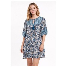 Knox Rose Blue & Taupe Floral Mixed Print Tunic Tassel Dress S