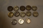 LOTOF 13 MERCURY DIMES 90% SILVER, VARIOUS DATES 1938-1958, CIRCULATED