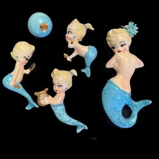 1963 Vintage Ceramic Mermaid Mom, Babies And Bubble Wall Plaques