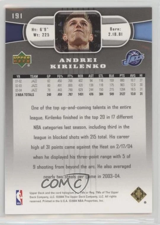 2004-05 Upper Deck Gold UD Exclusives /100 Andrei Kirilenko #191 - Image 2 of 2