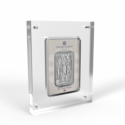 Three Graces 1oz Silberbarren geprägt Acryl Vitrine