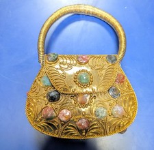 Vintage Indian Minaudi re Clutch Gold Tone Metal Agate Cabochons Ornate Handbag