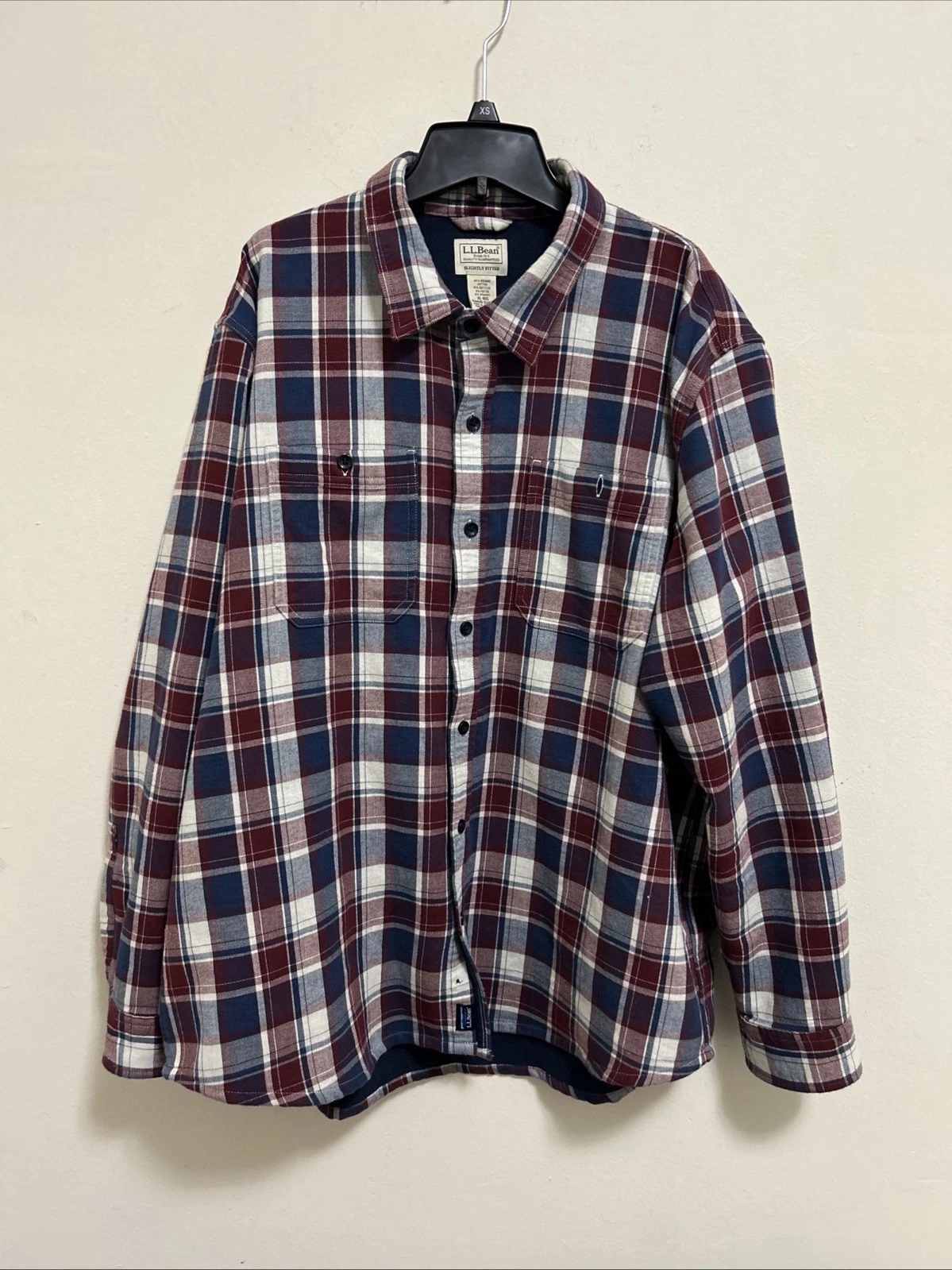 LL Bean Organic Shirt Mens XL Red Blue Flannel Slightly Fitted Plaid 511550
