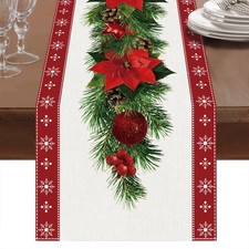 Watercolor Poinsettia Red Christmas Table Runner with White Snowflake,Seasona...