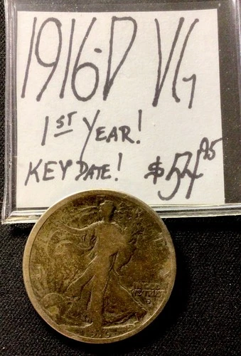1916 D Walking Liberty Silver Half Dollar VG! 1st Year! Key Date! ENN Coins