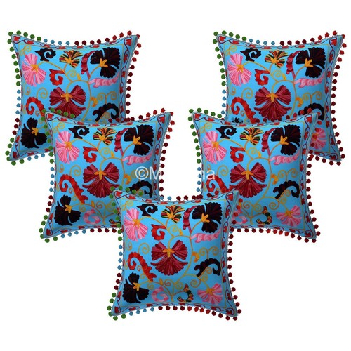 Indian Handmade Suzani Colourful Embroidered Boho Cushion Cover 2 pcs set - Picture 2 of 5