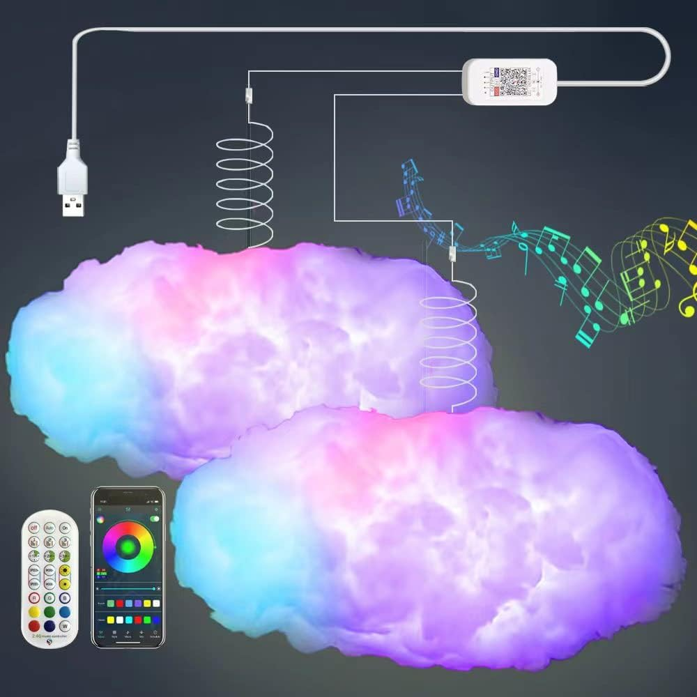 2PCS 3D Big Cloud Lightning Light Kit Music Sync 360 Degree Wireless Remote APP-image