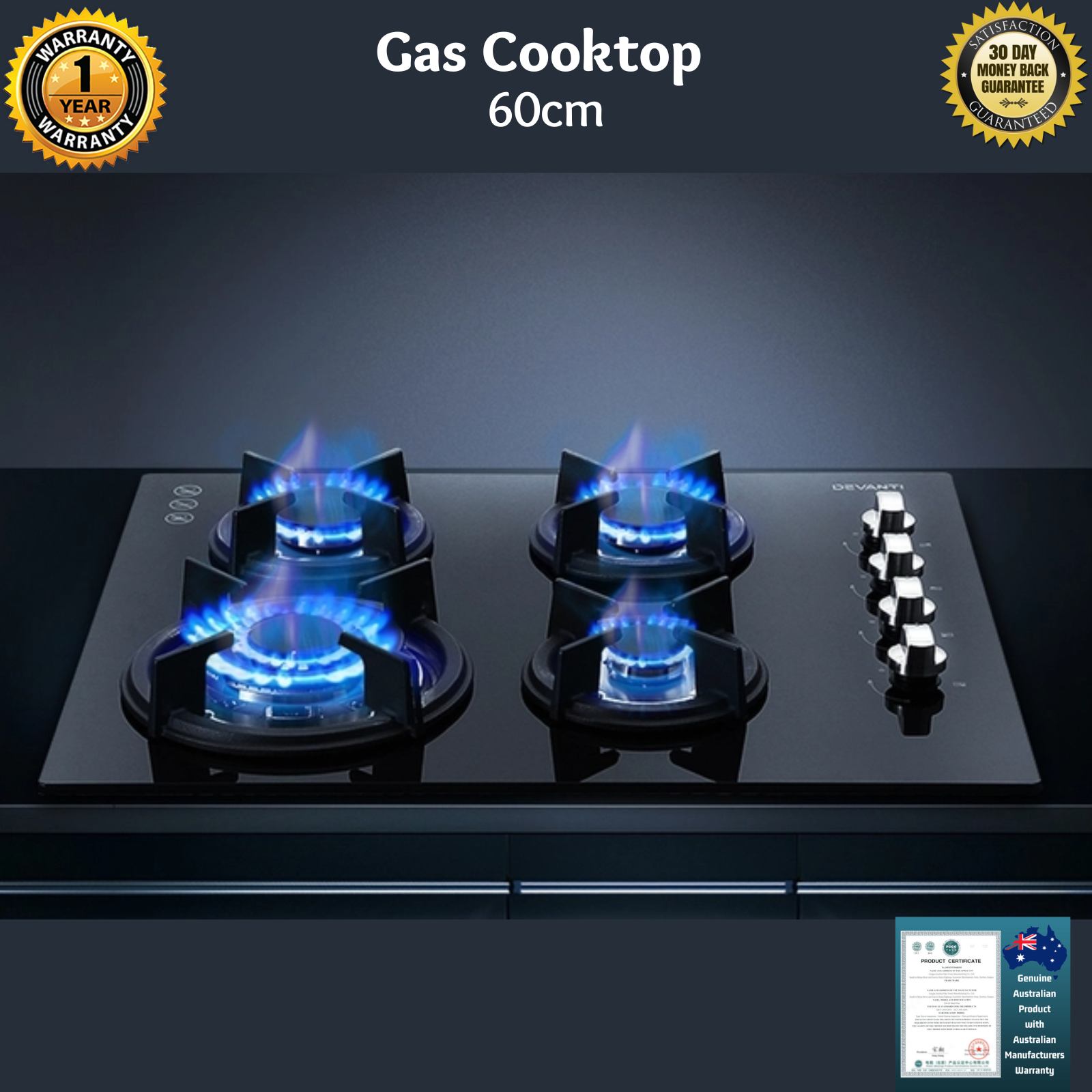 Devanti Gas Cooktop 60cm 4 Burner Glass Cook Top NG LPG Cooker Stove