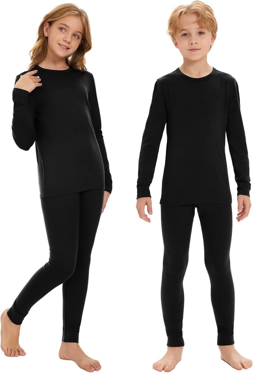 Kids 100% Merino Wool Base Layer Set Girls Boys Warm Shirts Top Long Johns  Pants