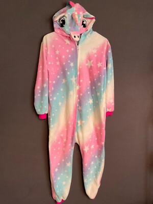 Rainbow Unicorn Jumper Pajamas Youth Size 10/12   Pink & Blue Star Print Fleece