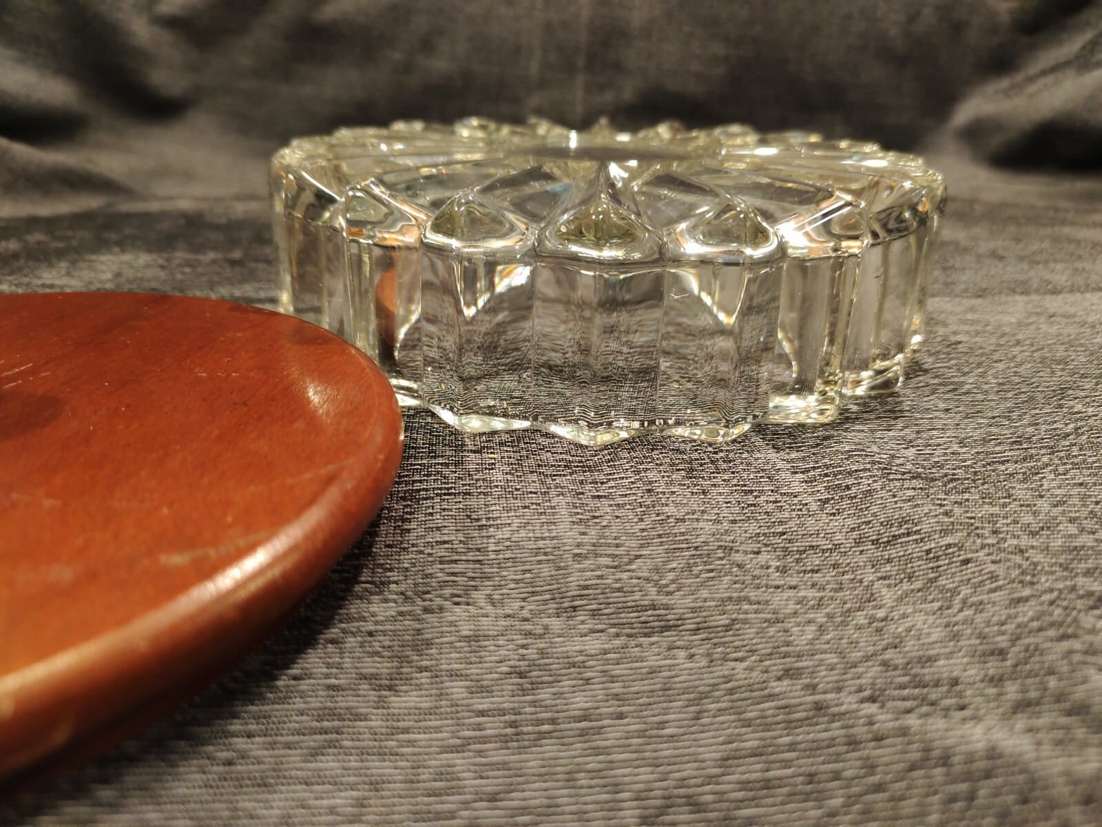 MCM Candy Dish Large Lead Crystal Heavy Wood Lid Brass Knob Stunning Centerpiece