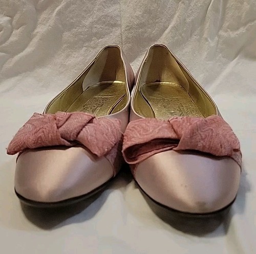 Vintage Salvatore Ferragamo rosa Seide flache Schuhe Gr. 9B Stoff Schleife Leder gefüttert - Bild 3 von 13