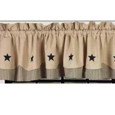 New Primitive Farmhouse LAYERED TICKING STRIPE BLACK STAR VALANCE Curtain Topper