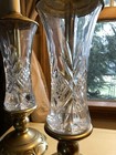 Vintage Lead Crystal Hand Cut Crystal Brass Table Lamp Pair Twist Draped Shades — photo 3