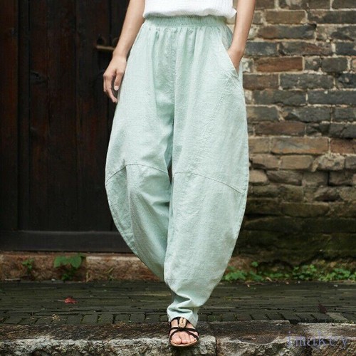 Pantalones largos informales de lino estilo chino para mujer Bloomers pierna ancha talla grande vintage - Imagen 8 de 20