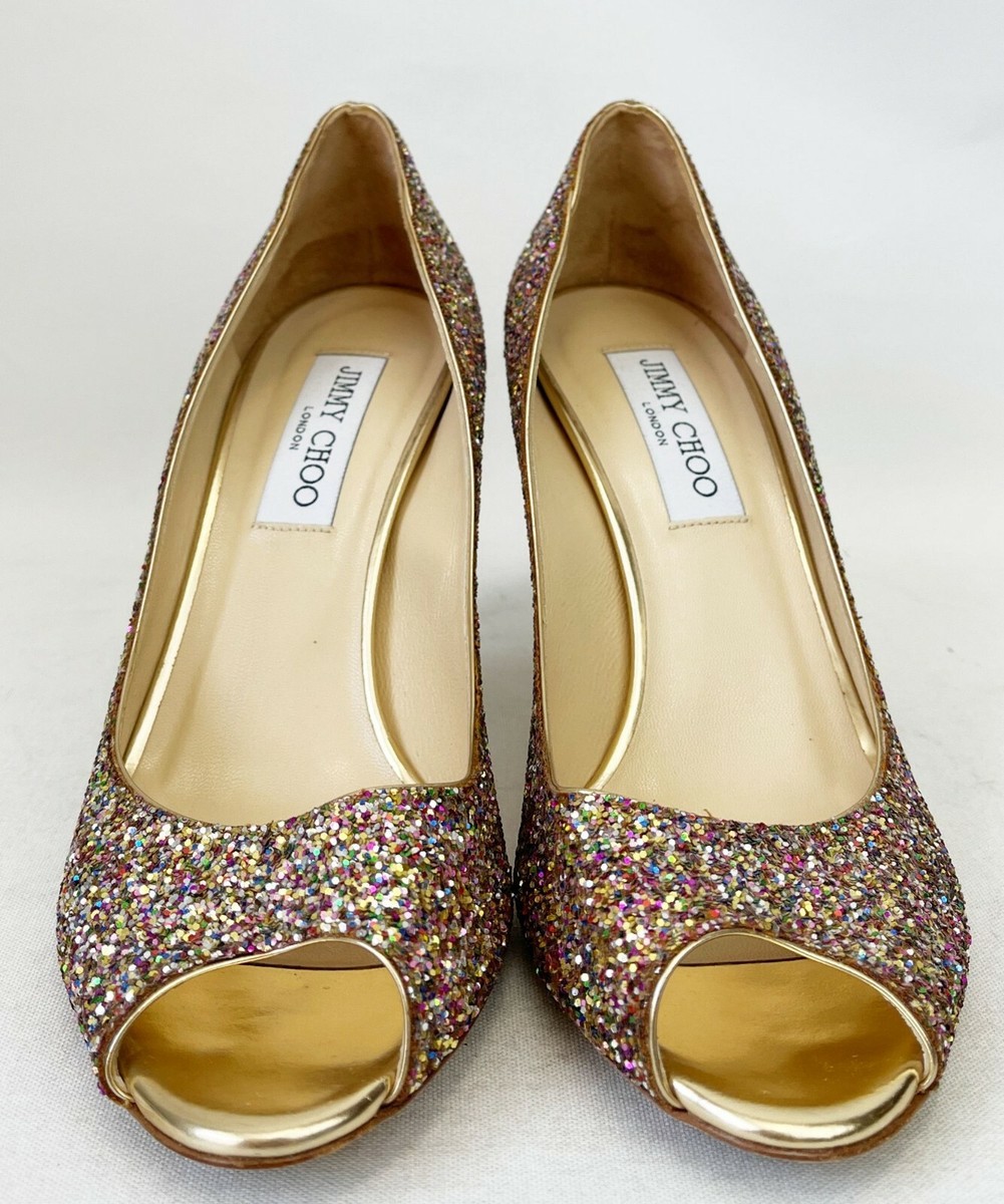 JIMMY CHOO ゴールド グリッターハイヒール JIMMY CHOO Evelyn Pumps Multicolor Glitter Peep Toe 38 8