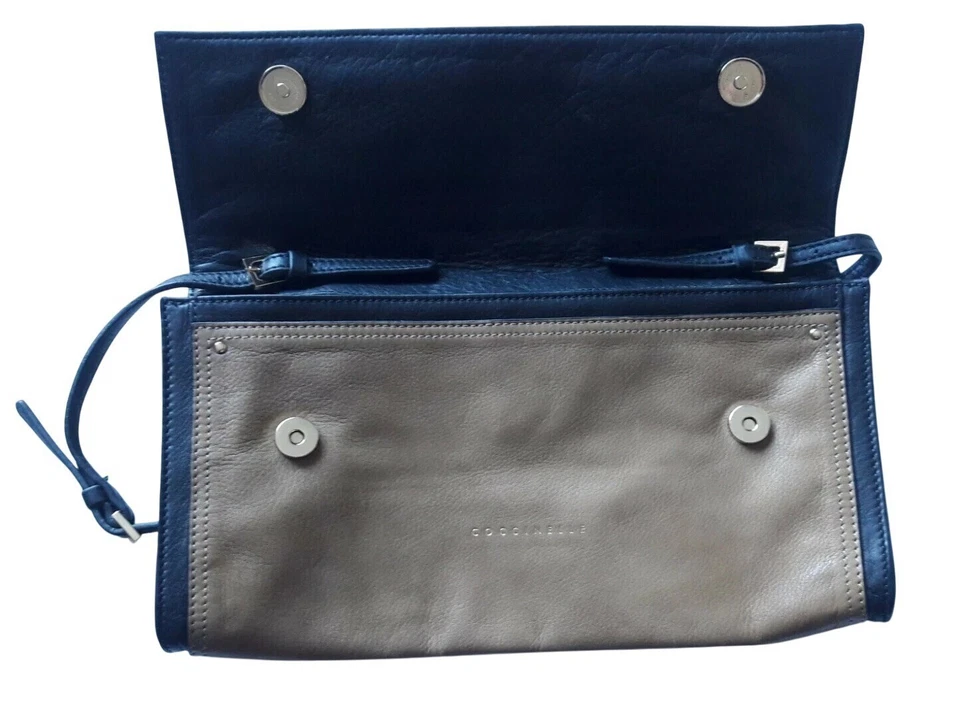 BOLSO CLUTCH COCCINELLE NEGRO TOSTADO CUERO GENUINO SOLAPA BROCHE X-BODY Foto 4 de 4