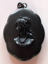 ANTIQUE VICTORIAN VULCANITE OR BOG OAK CAMEO PENDANT *