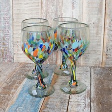 Recycled Mexican Glass Blue Confetti Wine Glasses x 4