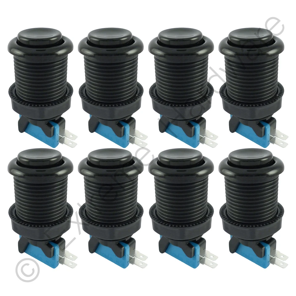 8 x Happ Style 28mm Round Classic Arcade Buttons & Microswitches (Black) - MAME