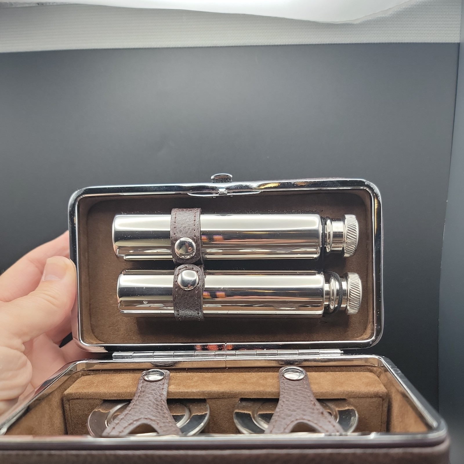 Vintage Mini Portable Travel Bartender Kit Cocktail Bar Set W/ 2-Sided Snap Case