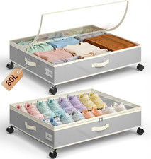 80L under Bed Storage with Wheels, 2 Pack under Bed Storage Containers with Lids