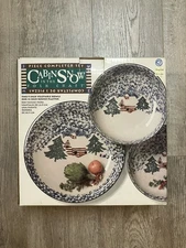 IN BOX! TIENSHAN CHRISTMAS CABIN IN THE SNOW FOLK CRAFT 9" BOWLS 12" PLATTER