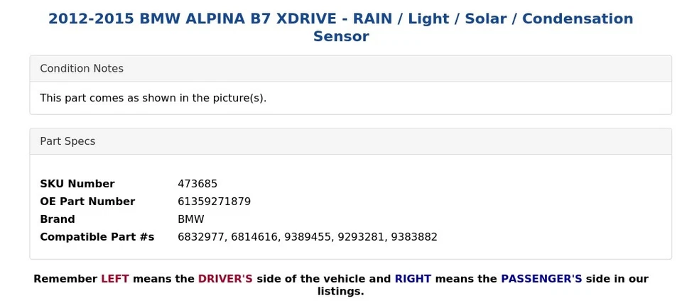 2012-2015 BMW ALPINA B7 XDRIVE - CHUVA / luz / solar / sensor de condensação - Imagem 4 de 4