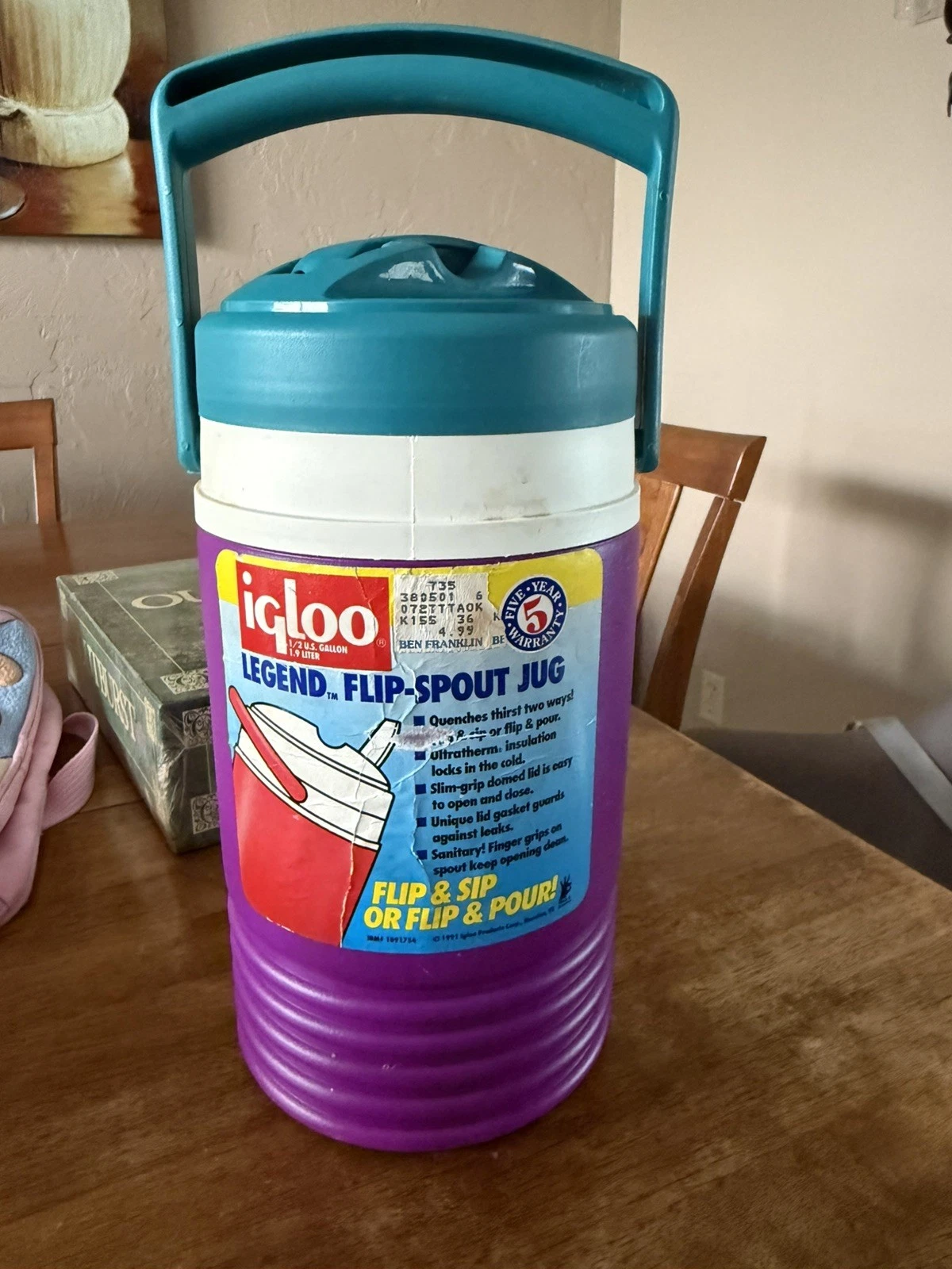 Vtg 1991 Retro Igloo Legend 1/2 Half Gallon Drink Cooler Bev Jug Teal Purple